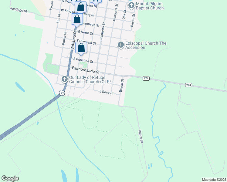 map of restaurants, bars, coffee shops, grocery stores, and more near 1009 Oak Street in Refugio