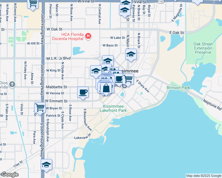 map of restaurants, bars, coffee shops, grocery stores, and more near 13 East Monument Avenue in Kissimmee