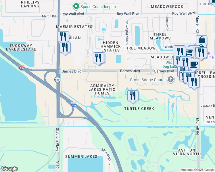 map of restaurants, bars, coffee shops, grocery stores, and more near 1342 Nelson Court in Rockledge