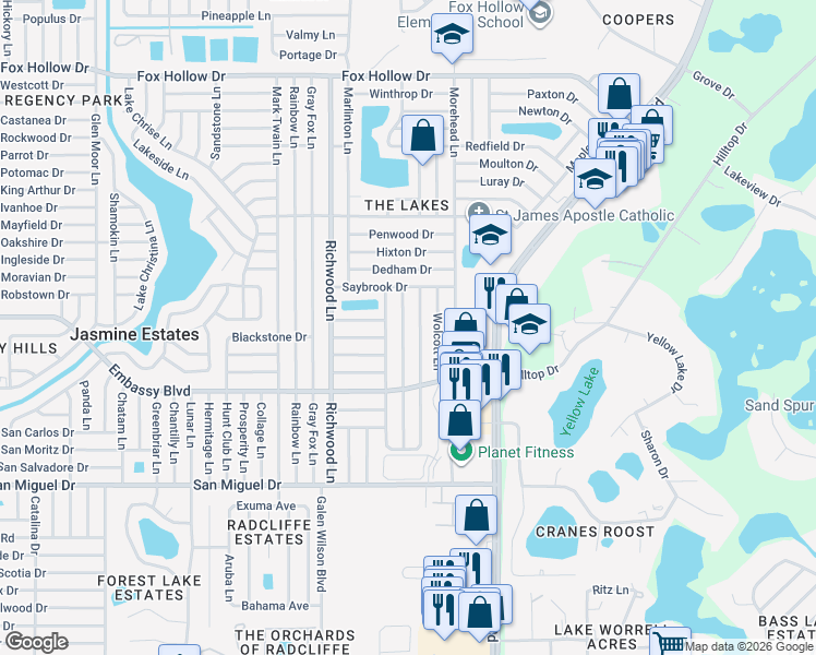 map of restaurants, bars, coffee shops, grocery stores, and more near 9340 Dresden Lane in Port Richey