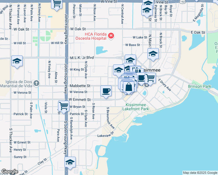 map of restaurants, bars, coffee shops, grocery stores, and more near 109 North Beaumont Avenue in Kissimmee