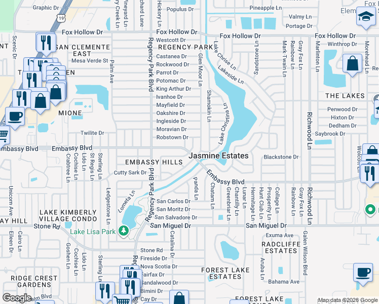 map of restaurants, bars, coffee shops, grocery stores, and more near Embassy Boulevard in Jasmine Estates