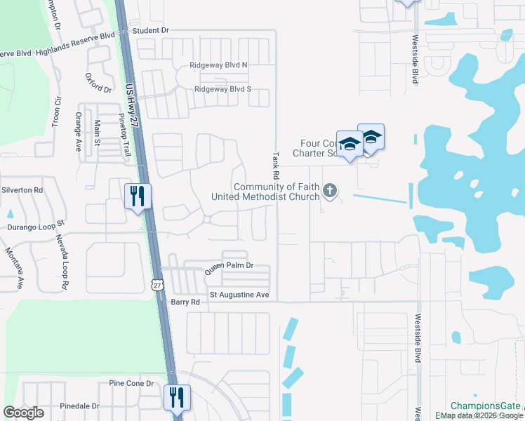 map of restaurants, bars, coffee shops, grocery stores, and more near 124 Castlemain Circle in Davenport