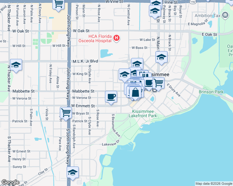 map of restaurants, bars, coffee shops, grocery stores, and more near 514 West Mabbette Street in Kissimmee