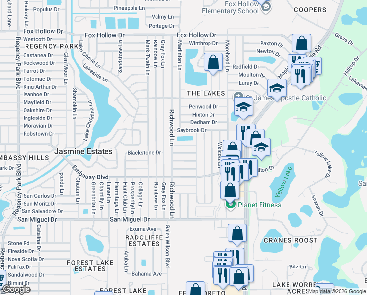 map of restaurants, bars, coffee shops, grocery stores, and more near 8040 Durham Drive in Port Richey