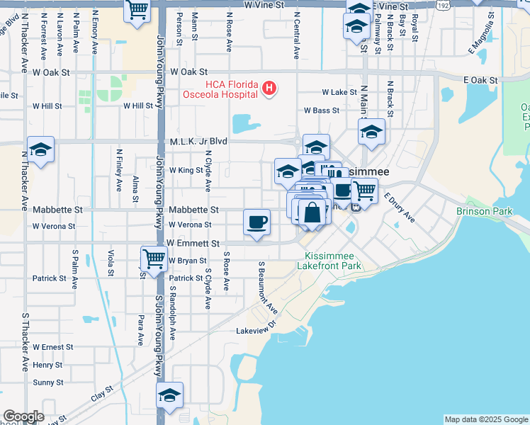 map of restaurants, bars, coffee shops, grocery stores, and more near 109 North Beaumont Avenue in Kissimmee