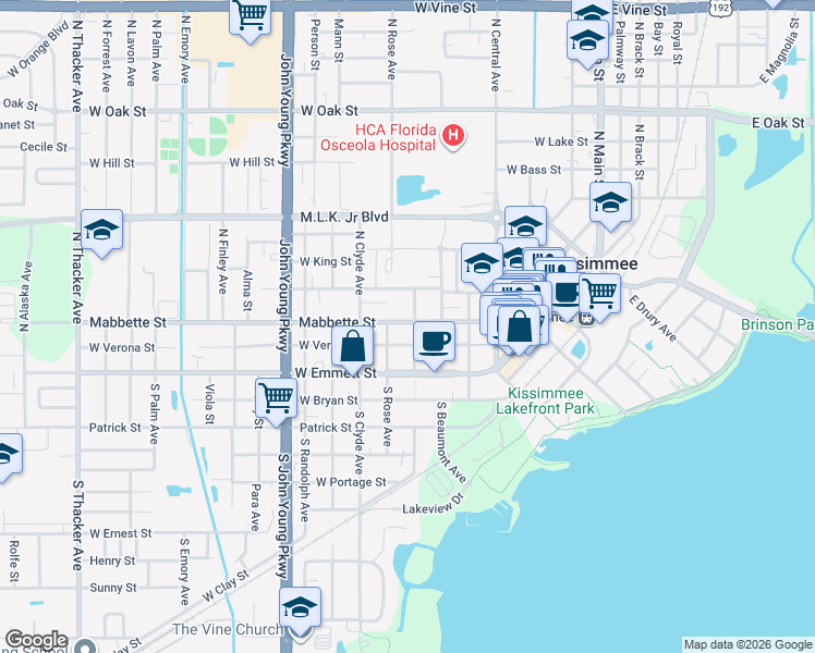 map of restaurants, bars, coffee shops, grocery stores, and more near 621 West Verona Street in Kissimmee