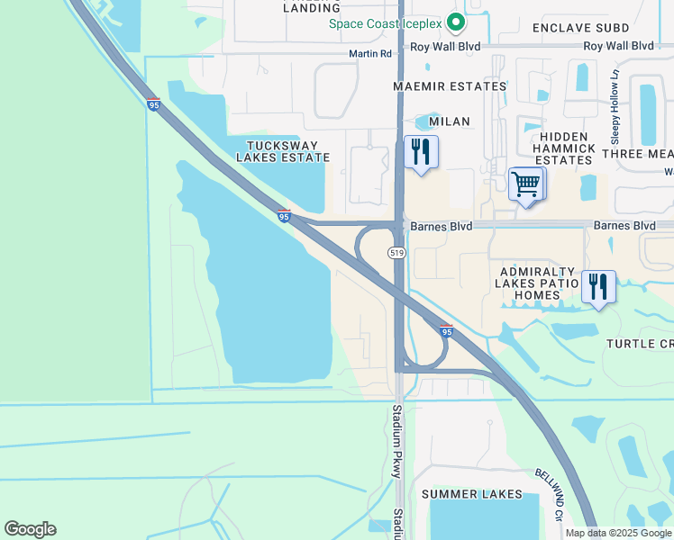 map of restaurants, bars, coffee shops, grocery stores, and more near Fiske Lane in Rockledge