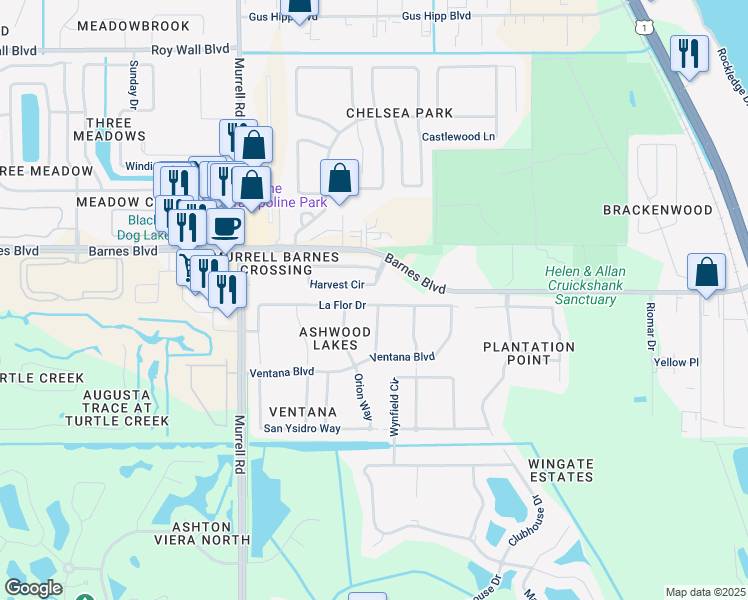 map of restaurants, bars, coffee shops, grocery stores, and more near 3845 La Flor Drive in Rockledge
