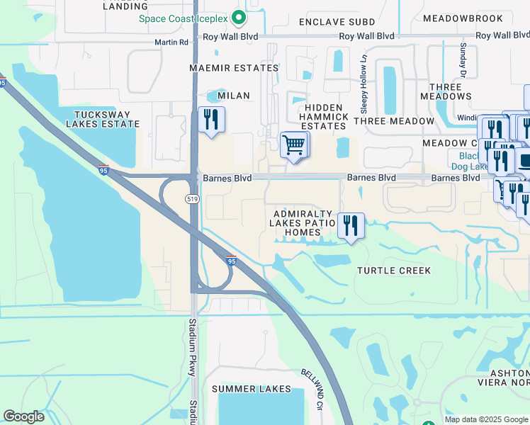 map of restaurants, bars, coffee shops, grocery stores, and more near 3910 Playa Del Sol Drive in Rockledge