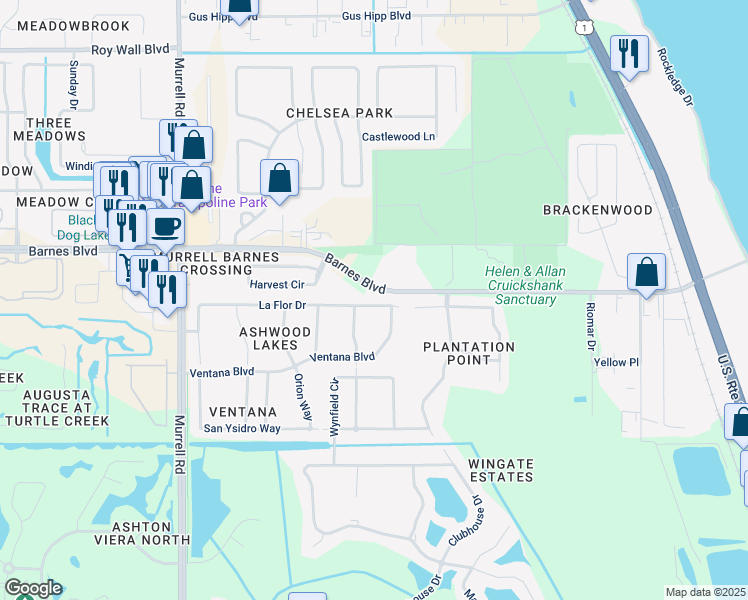 map of restaurants, bars, coffee shops, grocery stores, and more near 3812 La Flor Drive in Rockledge