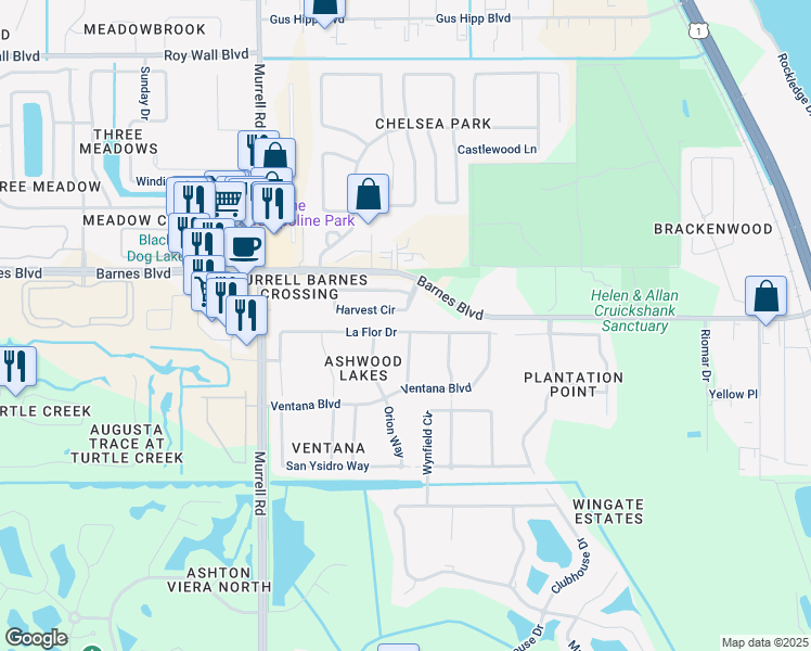 map of restaurants, bars, coffee shops, grocery stores, and more near 3845 La Flor Drive in Rockledge
