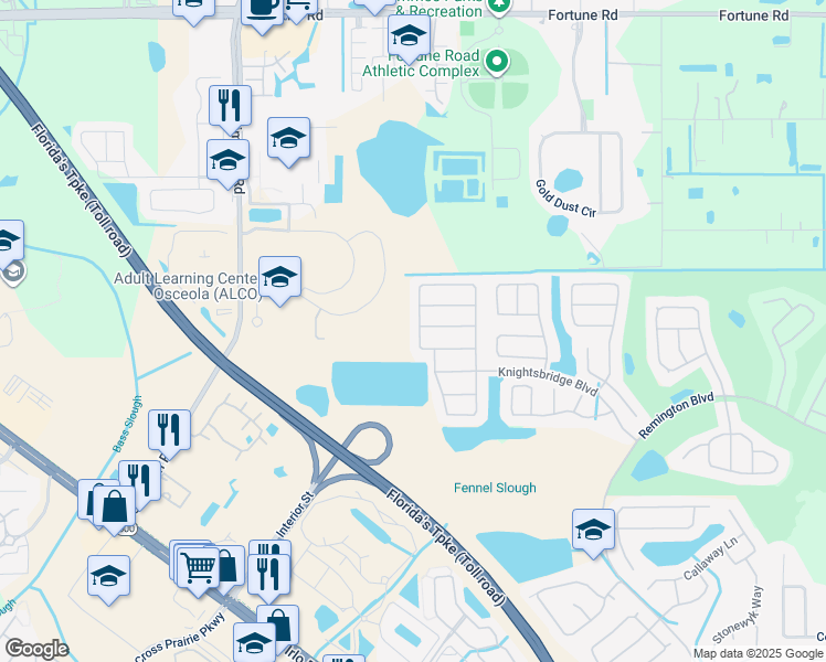 map of restaurants, bars, coffee shops, grocery stores, and more near 219 Owenshire Circle in Kissimmee