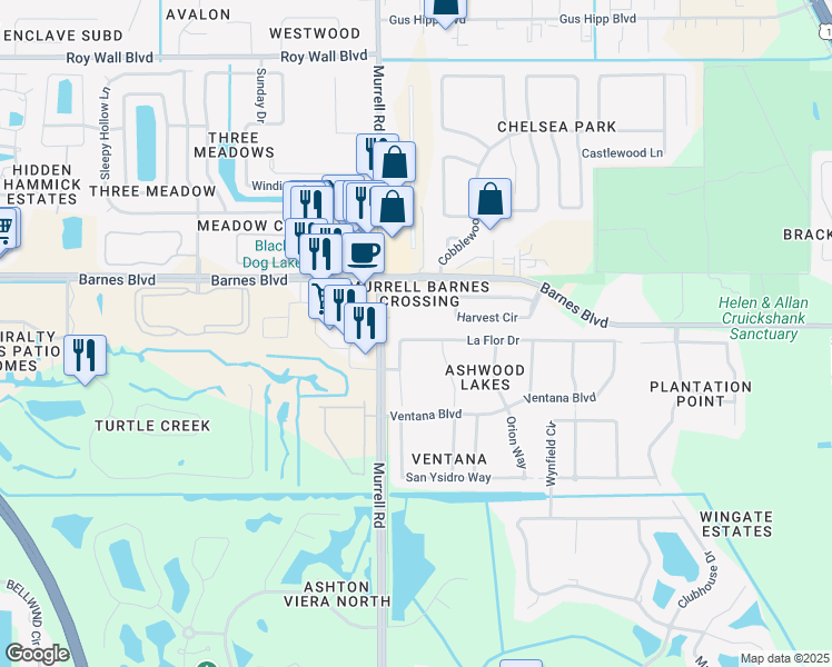 map of restaurants, bars, coffee shops, grocery stores, and more near 3892 La Flor Drive in Rockledge