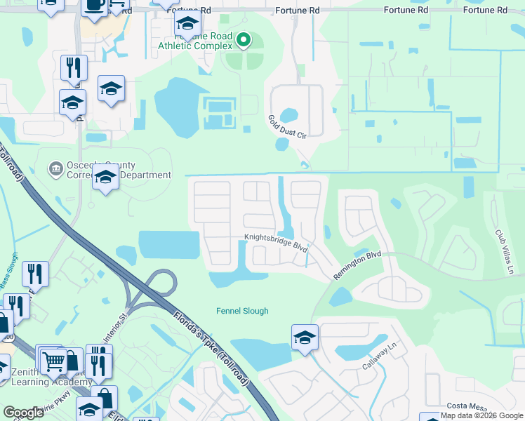 map of restaurants, bars, coffee shops, grocery stores, and more near 2552 Crown Ridge Circle in Kissimmee