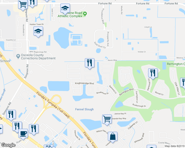 map of restaurants, bars, coffee shops, grocery stores, and more near 2554 Crown Ridge Circle in Kissimmee