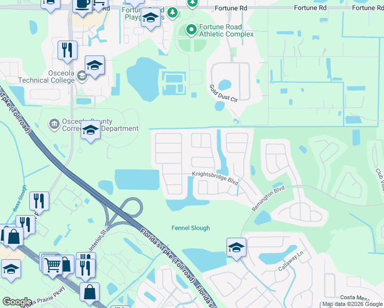 map of restaurants, bars, coffee shops, grocery stores, and more near 2543 Crown Ridge Circle in Kissimmee