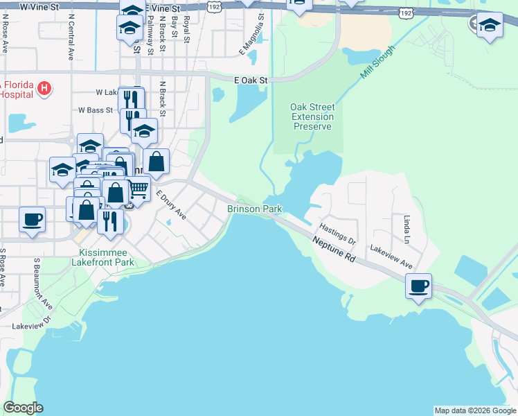 map of restaurants, bars, coffee shops, grocery stores, and more near 406 Neptune Road in Kissimmee