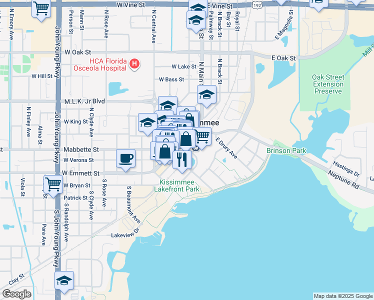 map of restaurants, bars, coffee shops, grocery stores, and more near 111 East Monument Avenue in Kissimmee