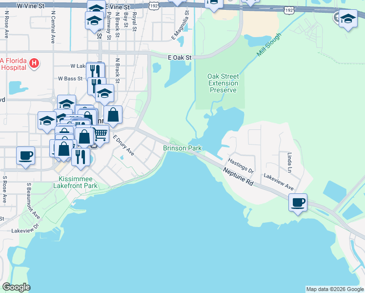 map of restaurants, bars, coffee shops, grocery stores, and more near 406 Neptune Road in Kissimmee