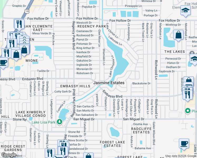 map of restaurants, bars, coffee shops, grocery stores, and more near 9331 Glen Moor Lane in Port Richey