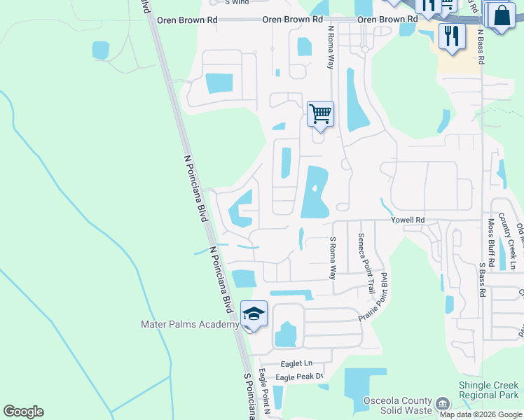 map of restaurants, bars, coffee shops, grocery stores, and more near 171 Pompano Beach Drive in Kissimmee