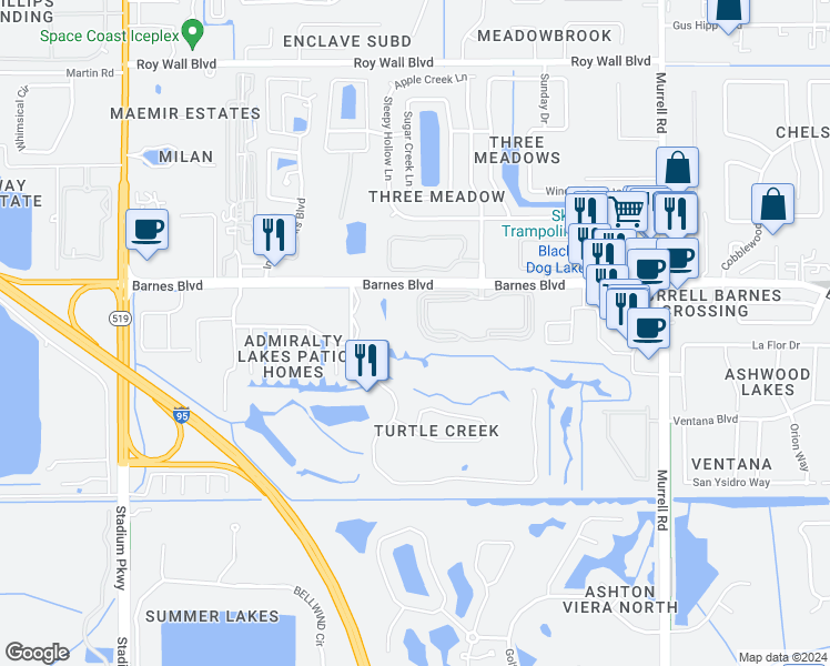 map of restaurants, bars, coffee shops, grocery stores, and more near 3868 Lexmark Lane in Rockledge