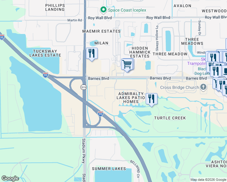 map of restaurants, bars, coffee shops, grocery stores, and more near 3900 Playa Del Sol Drive in Rockledge