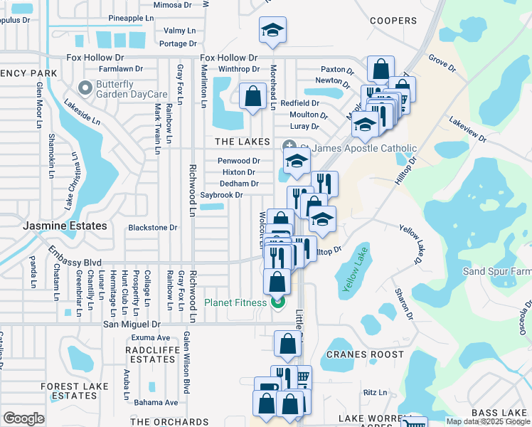 map of restaurants, bars, coffee shops, grocery stores, and more near 9331 Wolcott Lane in Port Richey