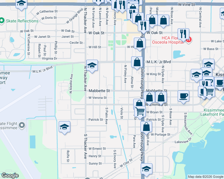 map of restaurants, bars, coffee shops, grocery stores, and more near 1513 West Verona Street in Kissimmee