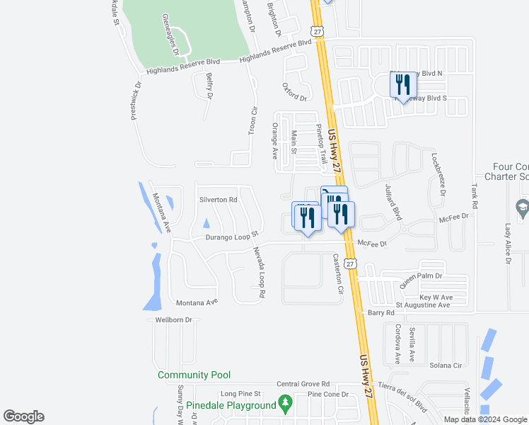 map of restaurants, bars, coffee shops, grocery stores, and more near 659 Durango Loop Street in Davenport