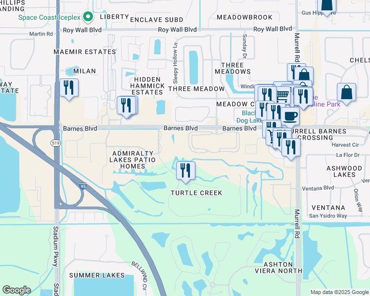 map of restaurants, bars, coffee shops, grocery stores, and more near 3868 Lexmark Lane in Rockledge