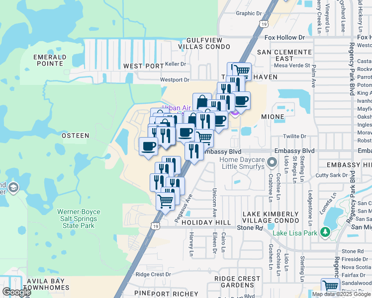 map of restaurants, bars, coffee shops, grocery stores, and more near 9405 U.S. 19 in Port Richey