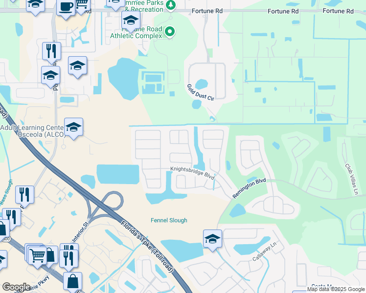 map of restaurants, bars, coffee shops, grocery stores, and more near 197 Thornbury Drive in Kissimmee