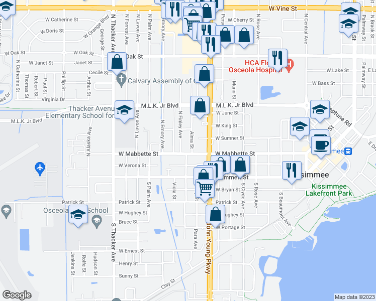 map of restaurants, bars, coffee shops, grocery stores, and more near 202 Alma Street in Kissimmee