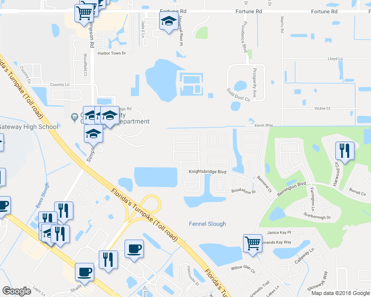 map of restaurants, bars, coffee shops, grocery stores, and more near 2415 Ashecroft Drive in Kissimmee