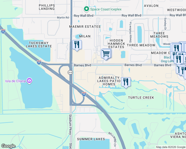 map of restaurants, bars, coffee shops, grocery stores, and more near 815 Barnes Boulevard in Rockledge