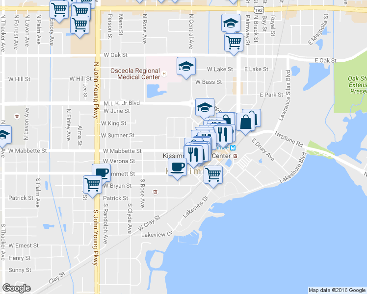 map of restaurants, bars, coffee shops, grocery stores, and more near 408 West Sumner Street in Kissimmee