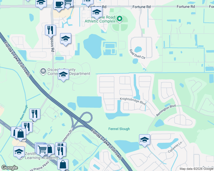 map of restaurants, bars, coffee shops, grocery stores, and more near 2417 Ashecroft Drive in Kissimmee