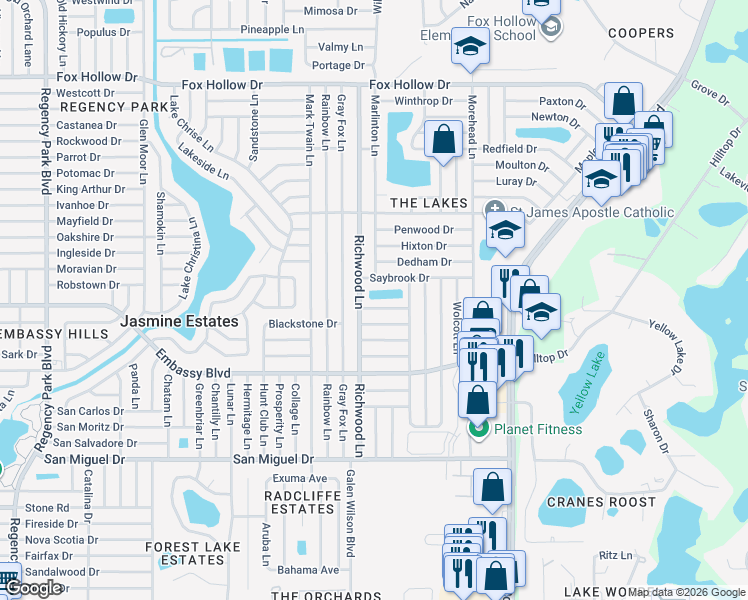 map of restaurants, bars, coffee shops, grocery stores, and more near 8034 Saybrook Drive in Port Richey
