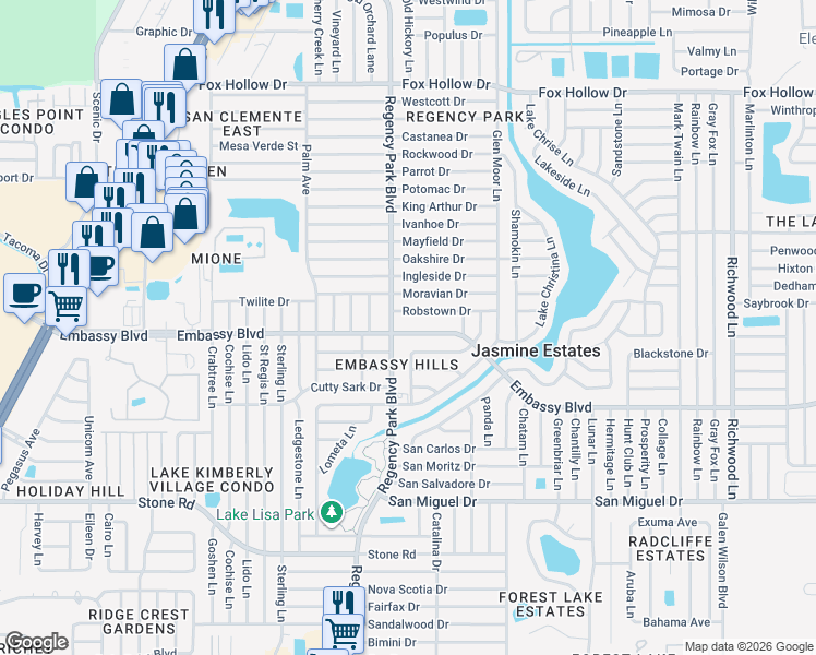 map of restaurants, bars, coffee shops, grocery stores, and more near 7221 Embassy Boulevard in Port Richey