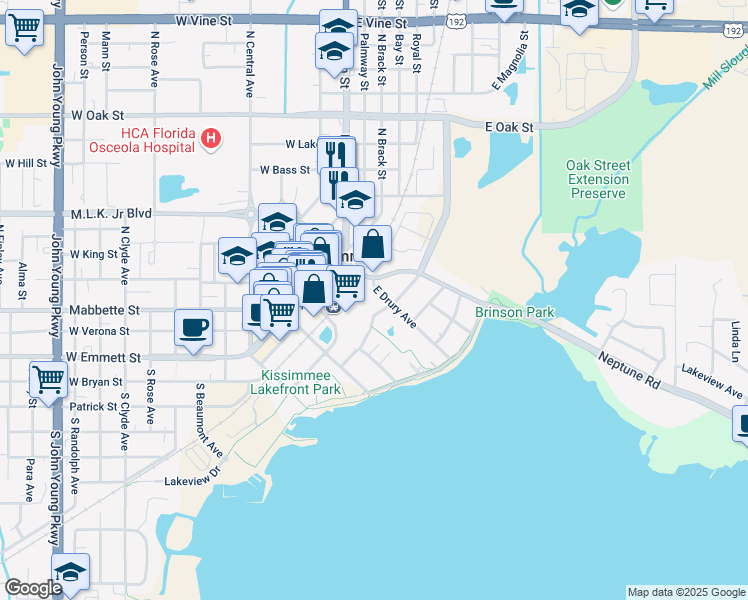 map of restaurants, bars, coffee shops, grocery stores, and more near 219 East Drury Avenue in Kissimmee