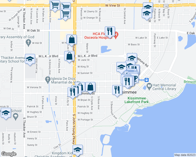 map of restaurants, bars, coffee shops, grocery stores, and more near 814 West Sumner Street in Kissimmee