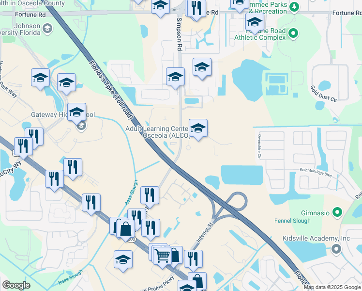 map of restaurants, bars, coffee shops, grocery stores, and more near 501 Simpson Road in Kissimmee