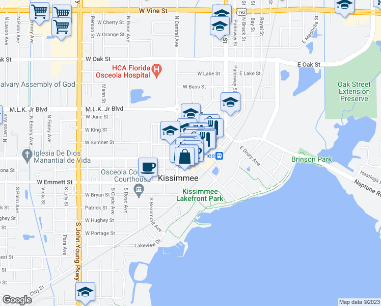 map of restaurants, bars, coffee shops, grocery stores, and more near 15 West Monument Avenue in Kissimmee