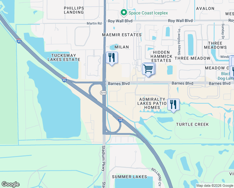 map of restaurants, bars, coffee shops, grocery stores, and more near 906-998 Ocaso Lane in Rockledge