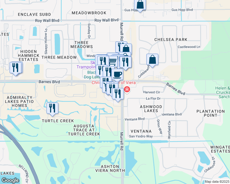 map of restaurants, bars, coffee shops, grocery stores, and more near 3800 Murrell Road in Rockledge