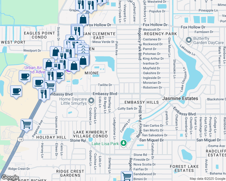 map of restaurants, bars, coffee shops, grocery stores, and more near 9425 Ledgestone Lane in Port Richey