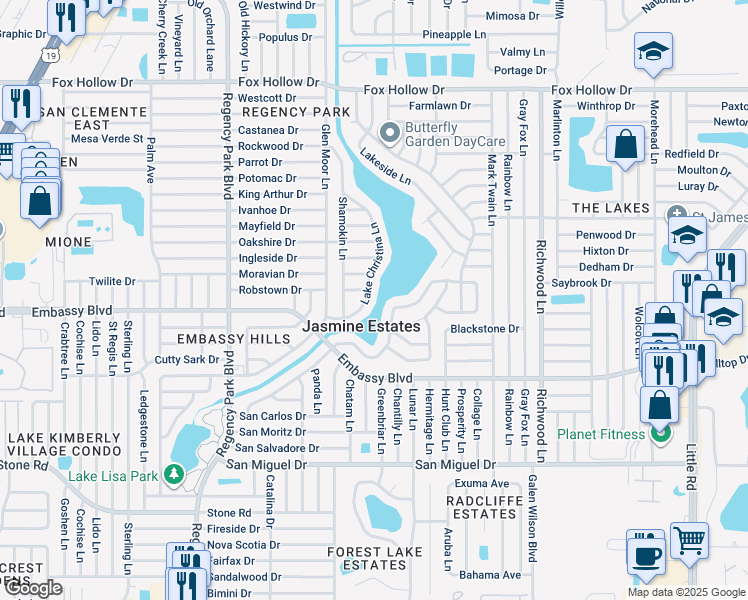 map of restaurants, bars, coffee shops, grocery stores, and more near 9434 Lake Christina Lane in Port Richey