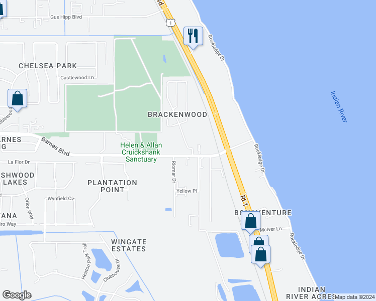 map of restaurants, bars, coffee shops, grocery stores, and more near 4281 Brantley Circle in Rockledge